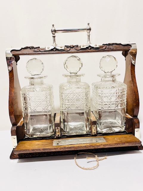 Antique Silver Plated and Carved Oak Tantalus