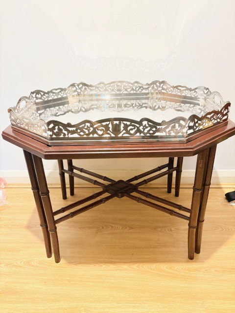 Impressive Antique Silver Plated Gallery Tray on Wooden Table Impressive Antique Silver Plated Gallery Tray on Wooden Table