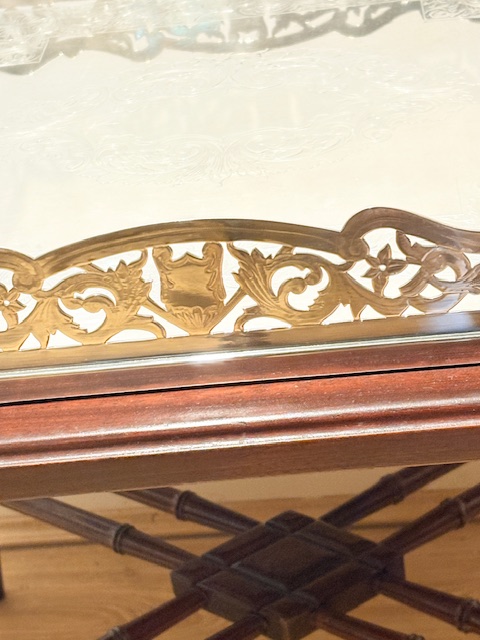 Impressive Antique Silver Plated Gallery Tray on Wooden Table Impressive Antique Silver Plated Gallery Tray on Wooden Table