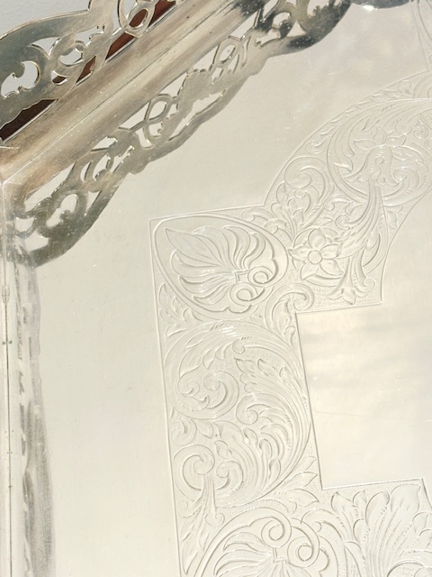 Impressive Antique Silver Plated Gallery Tray on Wooden Table Impressive Antique Silver Plated Gallery Tray on Wooden Table
