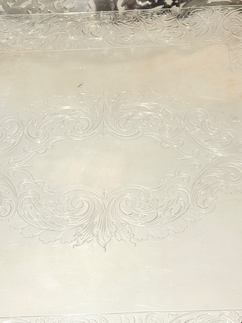 Impressive Antique Silver Plated Gallery Tray on Wooden Table Impressive Antique Silver Plated Gallery Tray on Wooden Table
