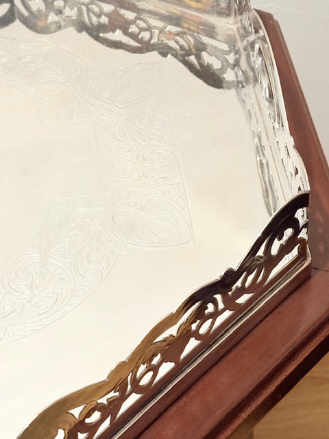 Impressive Antique Silver Plated Gallery Tray on Wooden Table Impressive Antique Silver Plated Gallery Tray on Wooden Table