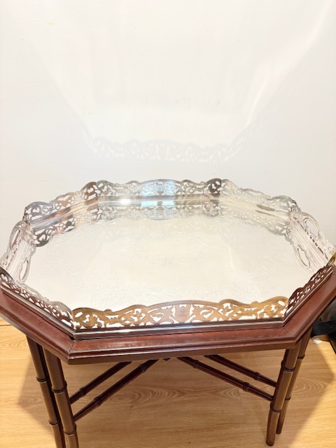 Impressive Antique Silver Plated Gallery Tray on Wooden Table Impressive Antique Silver Plated Gallery Tray on Wooden Table
