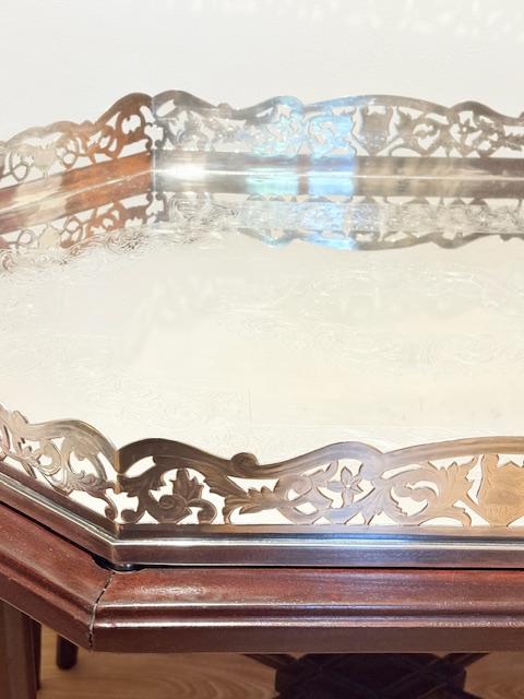 Impressive Antique Silver Plated Gallery Tray on Wooden Table Impressive Antique Silver Plated Gallery Tray on Wooden Table