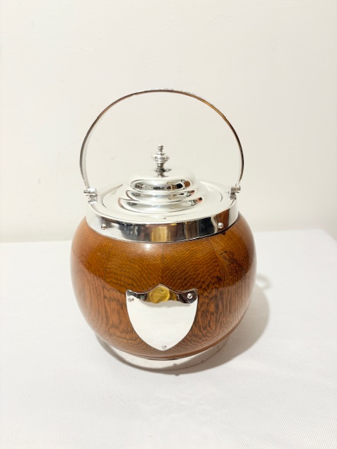 Vintage Silver Plated and Oak Biscuit Box with Bulbous Body (c.1930)