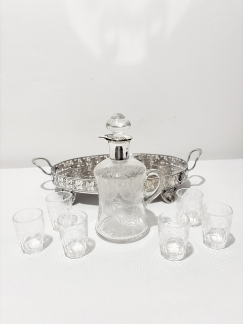 Charming Antique Silver Plate and Glass Liqueur Set