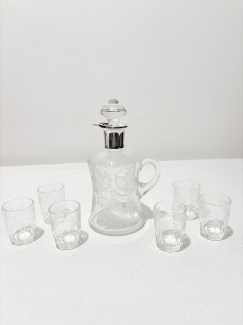 Charming Antique Silver Plate and Glass Liqueur Set