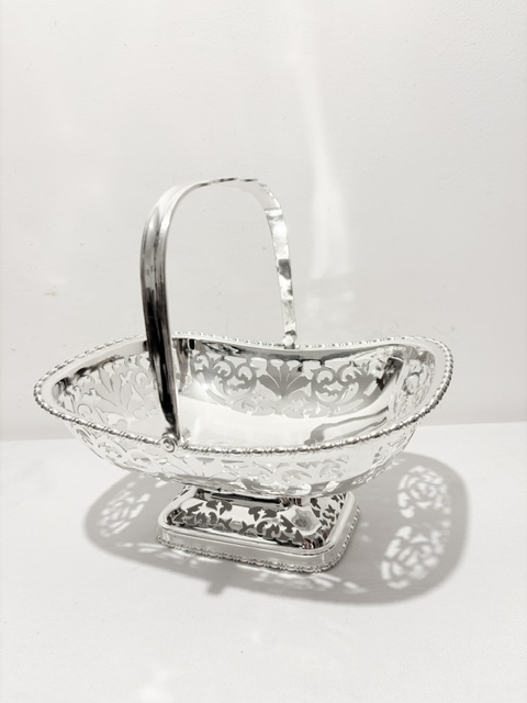 Antique Silver Plated Basket with Rectangular Pierced Body and Base Antique Silver Plated Basket with Rectangular Pierced Body and Base