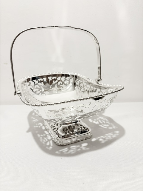Antique Silver Plated Basket with Rectangular Pierced Body and Base Antique Silver Plated Basket with Rectangular Pierced Body and Base