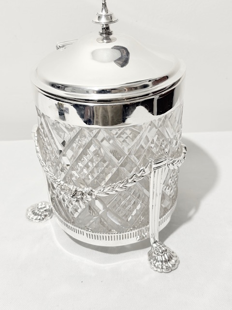 Antique Silver Plated Biscuit Box with Diamond Cut Glass Liner