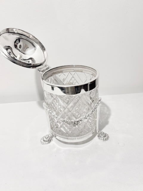 Antique Silver Plated Biscuit Box with Diamond Cut Glass Liner