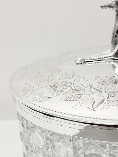 Antique Silver Plated and Cut Glass Biscuit Box with Greyhound Finial