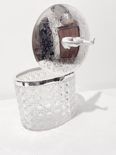 Antique Silver Plated and Cut Glass Biscuit Box with Greyhound Finial