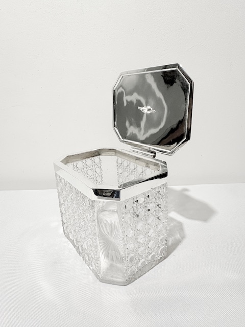 Antique Silver Plated and Cut Glass Biscuit Box with Bust of a Lady Finial