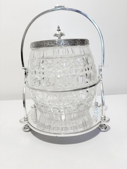 Antique Wirework Framed Silver Plated and Cut Glass Biscuit Box