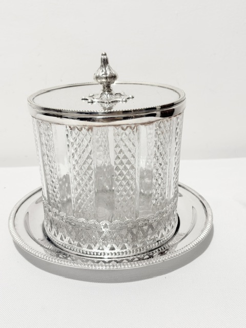 Antique Silver Plated and Cut Glass Biscuit Barrel Box