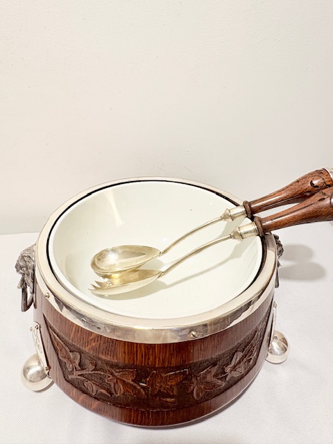 Antique Silver Plated and Oak Salad Bowl Antique Silver Plated and Oak Salad Bowl