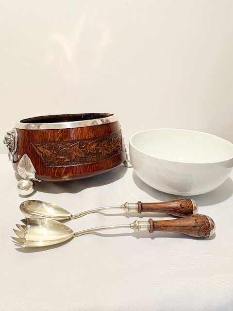 Antique Silver Plated and Oak Salad Bowl Antique Silver Plated and Oak Salad Bowl