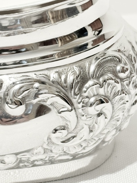 Antique Silver Plated Tea Caddy Embossed with Scrolls Flowers and Leaves Antique Silver Plated Tea Caddy Embossed with Scrolls Flowers and Leaves
