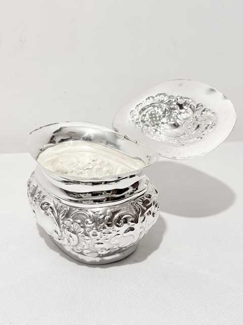 Antique Silver Plated Tea Caddy Embossed with Scrolls Flowers and Leaves Antique Silver Plated Tea Caddy Embossed with Scrolls Flowers and Leaves