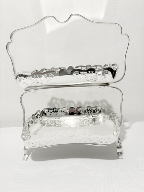 Antique Silver Plated Two Tier Cake Stand with Rectangular Plates Antique Silver Plated Two Tier Cake Stand with Rectangular Plates