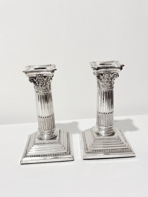 Traditional Pair of Antique Silver Plated Corinthian Column Candlesticks