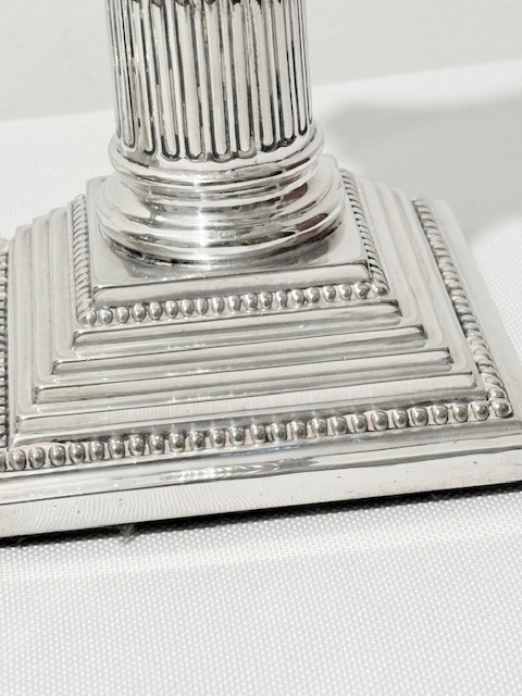 Traditional Pair of Antique Silver Plated Corinthian Column Candlesticks Traditional Pair of Antique Silver Plated Corinthian Column Candlesticks