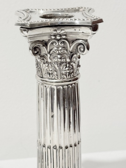 Traditional Pair of Antique Silver Plated Corinthian Column Candlesticks Traditional Pair of Antique Silver Plated Corinthian Column Candlesticks