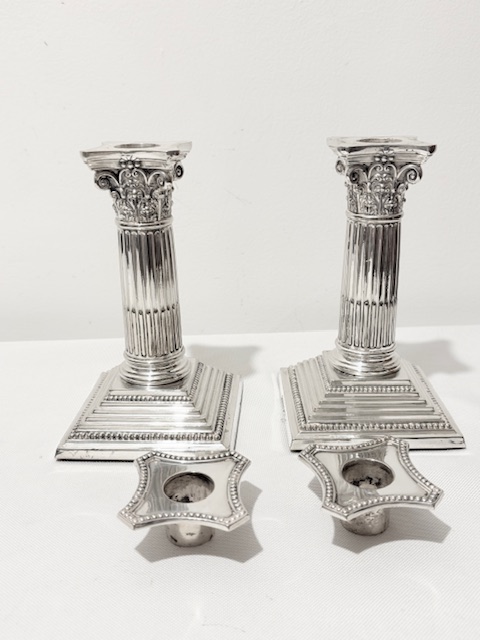 Traditional Pair of Antique Silver Plated Corinthian Column Candlesticks Traditional Pair of Antique Silver Plated Corinthian Column Candlesticks