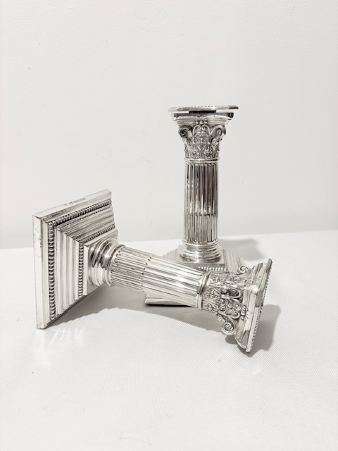 Traditional Pair of Antique Silver Plated Corinthian Column Candlesticks Traditional Pair of Antique Silver Plated Corinthian Column Candlesticks