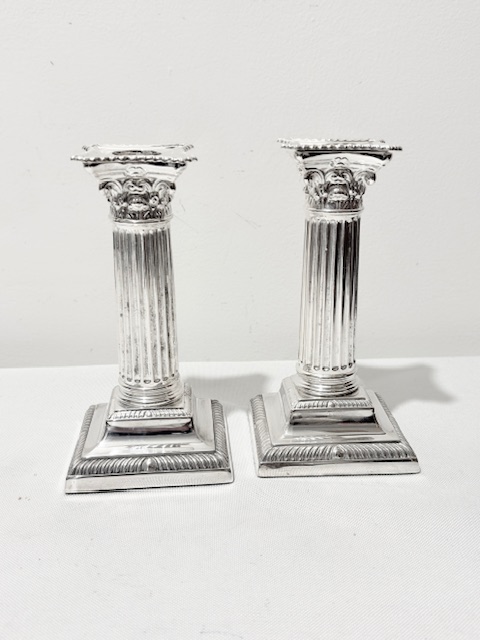 Antique Pair of Silver Plated Corinthian Candlesticks with Stepped Bases
