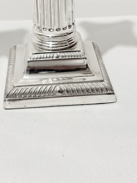 Antique Pair of Silver Plated Corinthian Candlesticks with Stepped Bases