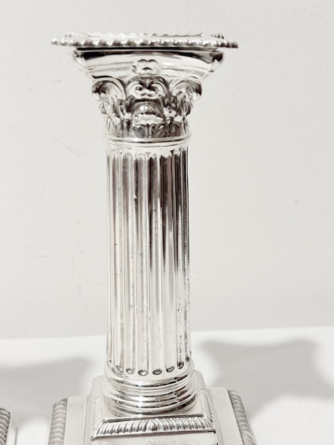 Antique Pair of Silver Plated Corinthian Candlesticks with Stepped Bases