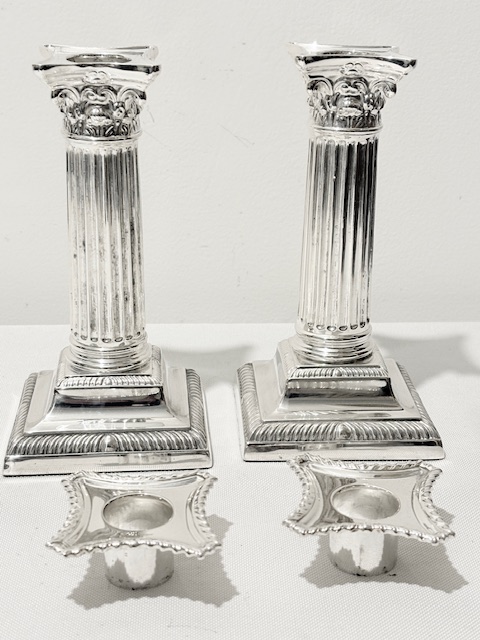 Antique Pair of Silver Plated Corinthian Candlesticks with Stepped Bases