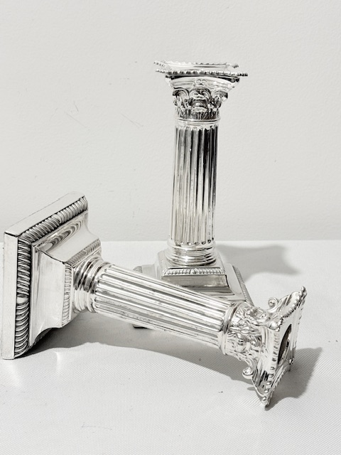 Antique Pair of Silver Plated Corinthian Candlesticks with Stepped Bases