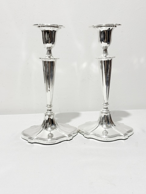 Antique Pair of Silver Plated Candlesticks with Flared Shaped Bases Antique Pair of Silver Plated Candlesticks with Flared Shaped Bases