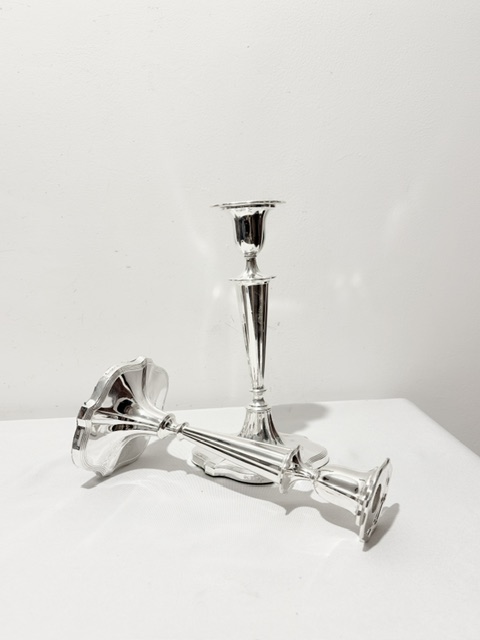 Antique Pair of Silver Plated Candlesticks with Flared Shaped Bases Antique Pair of Silver Plated Candlesticks with Flared Shaped Bases