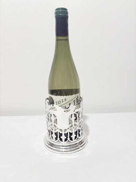 Antique Silver Plated Wine Bottle Coaster with Turned Wooden Base Antique Silver Plated Wine Bottle Coaster with Turned Wooden Base
