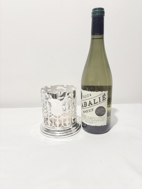 Antique Silver Plated Wine Bottle Coaster with Turned Wooden Base Antique Silver Plated Wine Bottle Coaster with Turned Wooden Base