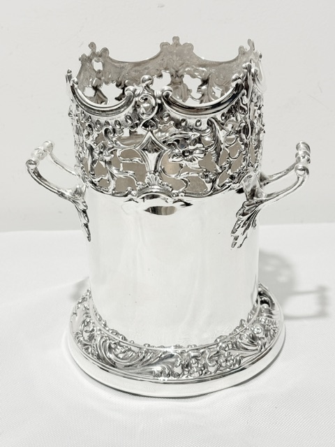 Handsome Antique Silver Plated Wine Bottle Coaster with Upward Looped Side Handles