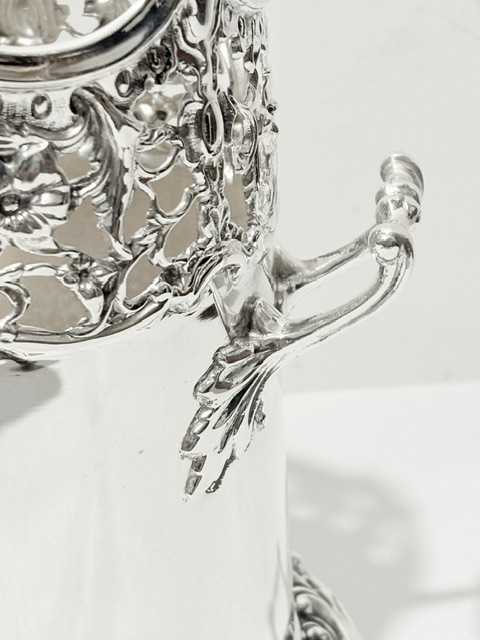 Handsome Antique Silver Plated Wine Bottle Coaster with Upward Looped Side Handles