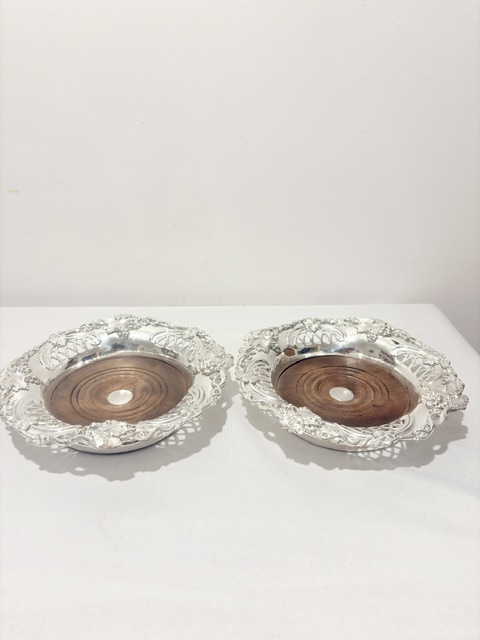 Antique Pair of Silver Plated Wine Bottle or Decanter Coasters Antique Pair of Silver Plated Wine Bottle or Decanter Coasters