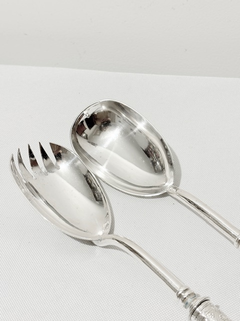 Pair of Antique Silver Plated Salad Servers with Oak Handles