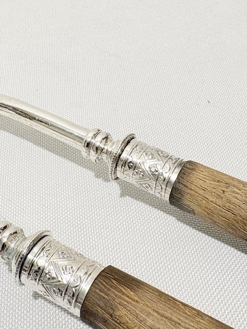 Pair of Antique Silver Plated Salad Servers with Oak Handles