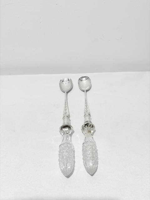 Antique Pair of Silver Plated and Cut Glass Salad Servers