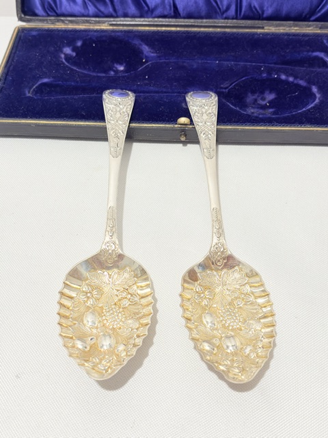 Smart Boxed Pair of Antique Silver Plated Berry or Dessert Serving Spoons