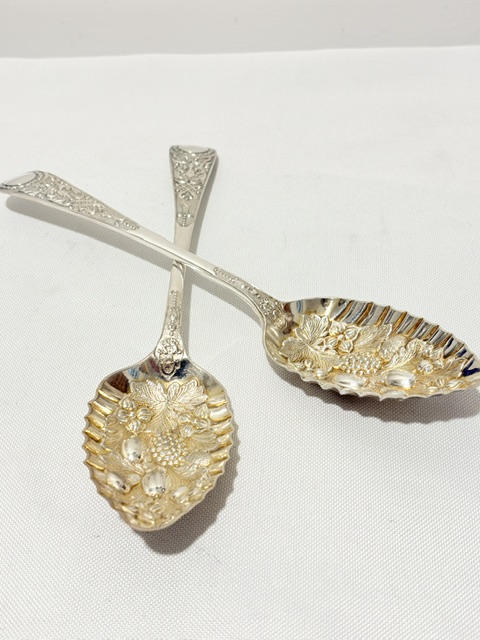 Smart Boxed Pair of Antique Silver Plated Berry or Dessert Serving Spoons