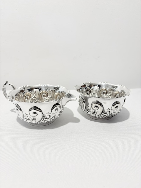Handsome Antique Silver Plated Cream & Sugar in Stand