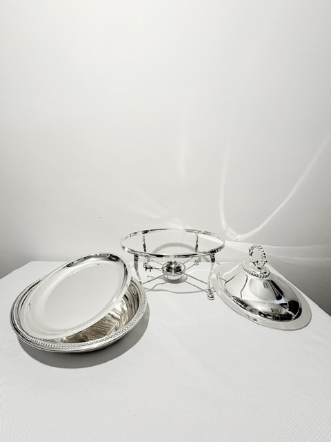 Antique Silver Plated Entree or Vegetable Dish on Warming Stand Antique Silver Plated Entree or Vegetable Dish on Warming Stand