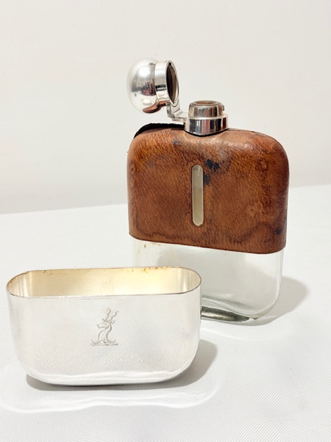Antique Silver Plated and Leather Hip Flask and Removable Cup
